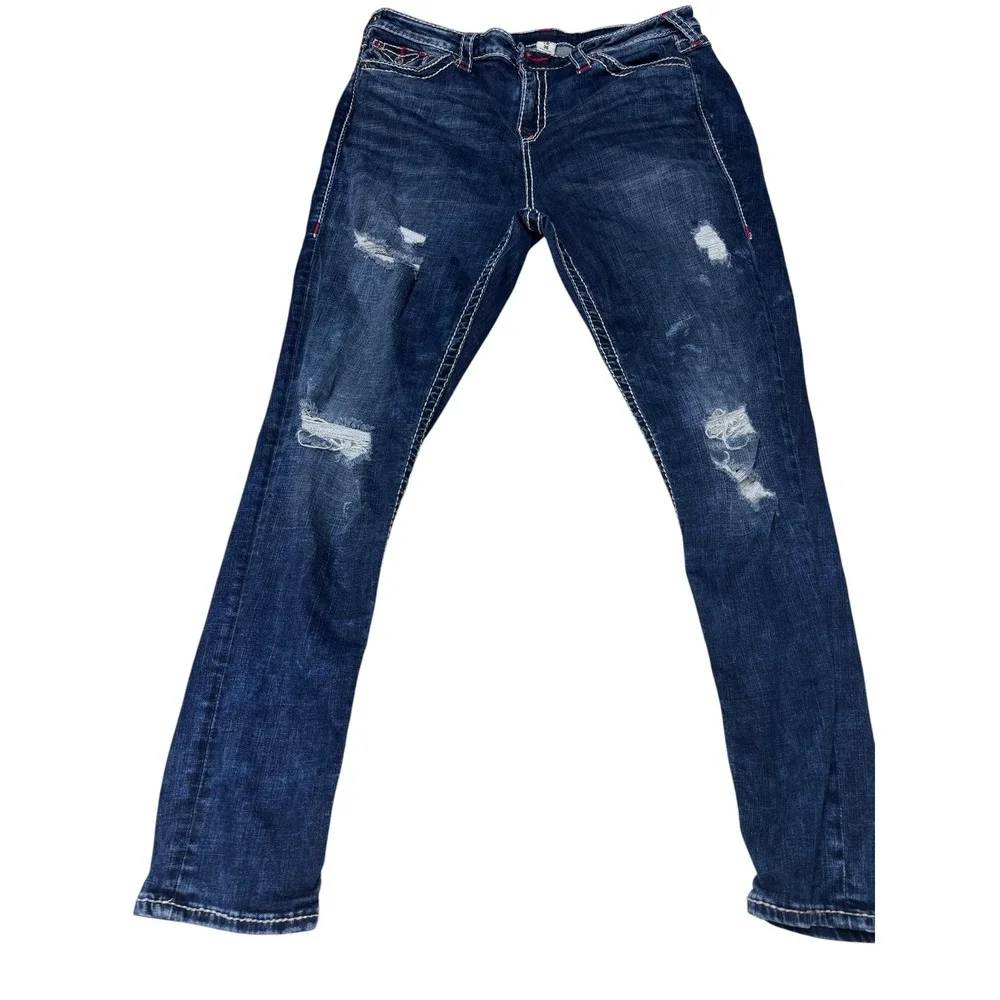 True Religion Skinny Jeans Mens 36X29 Dark Wash Distressed Contrast Stitch Blue
